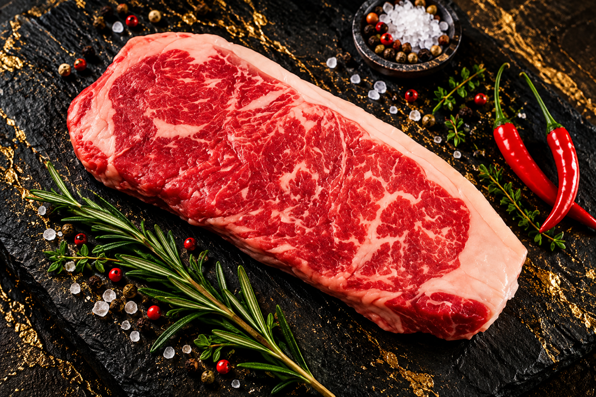 Beef striploin pieces, steak ready